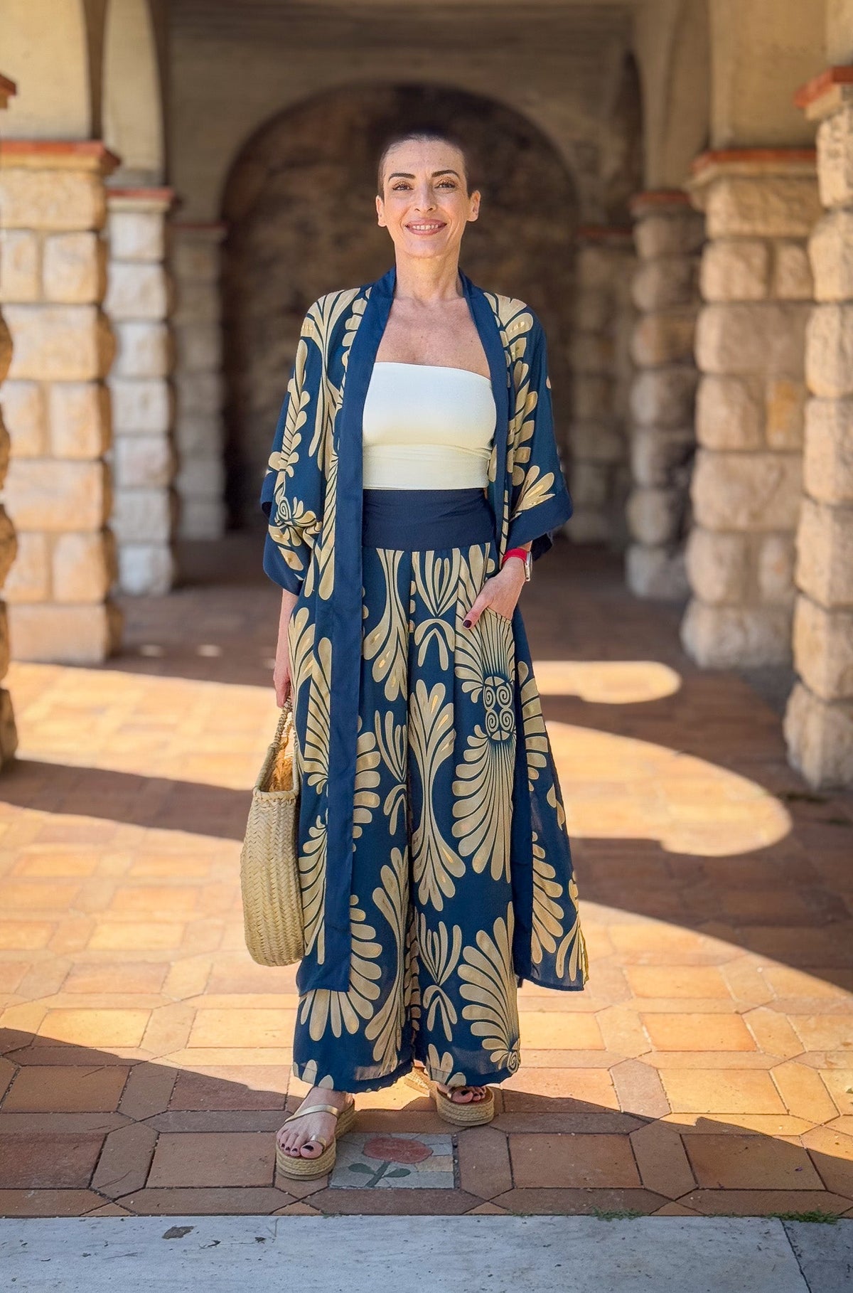 Silk kimono and palazzo pants set, seventies style kimono, casual chic silk set, wide leg silk pants, gift for her.