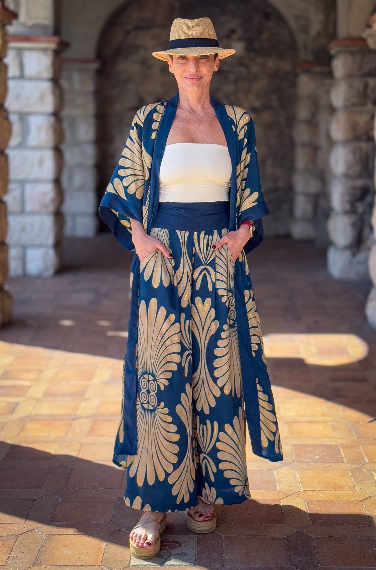 Silk kimono and palazzo pants set, seventies style kimono, casual chic silk set, wide leg silk pants, gift for her.