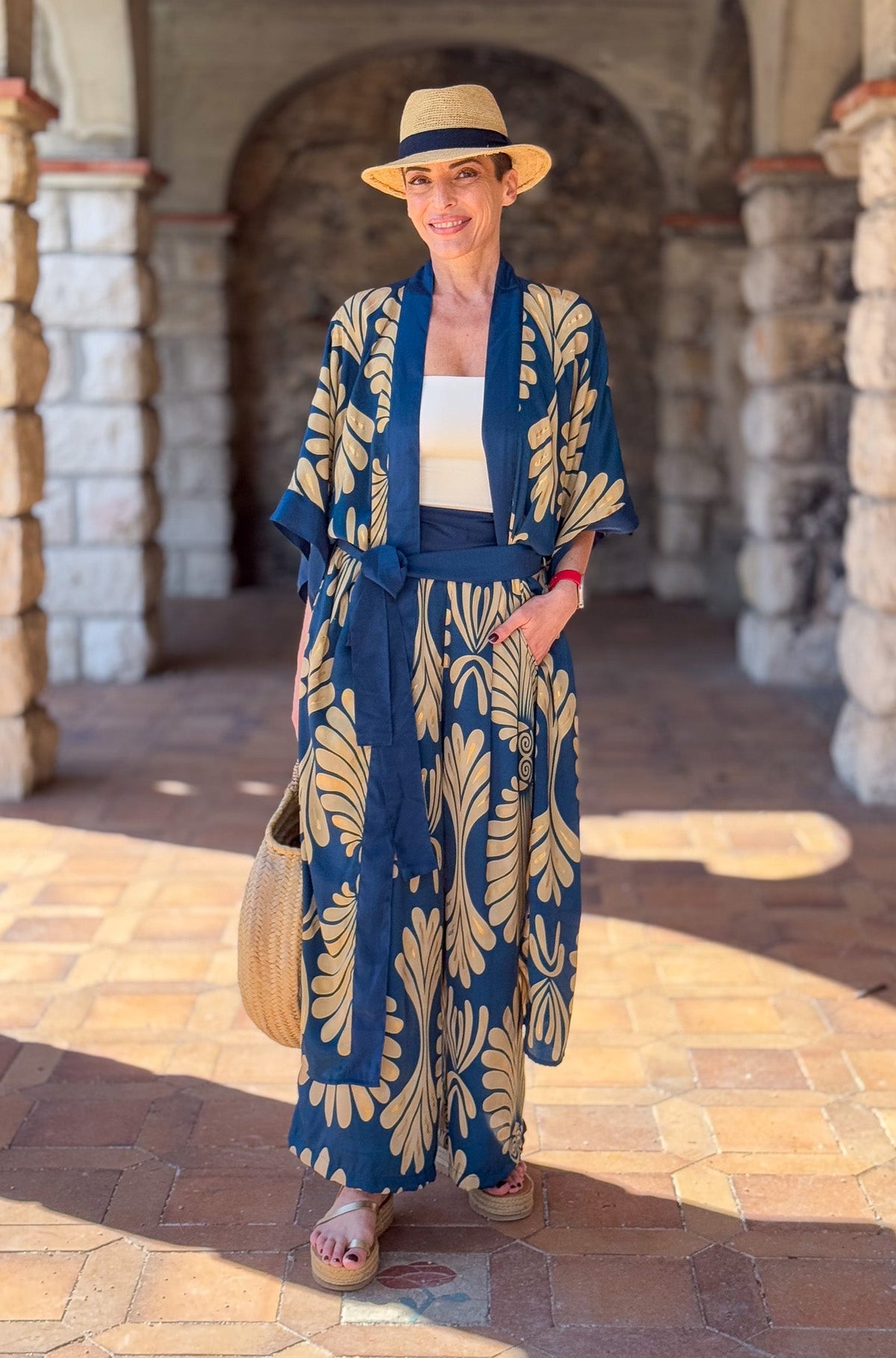 Silk kimono and palazzo pants set, seventies style kimono, casual chic silk set, wide leg silk pants, gift for her.
