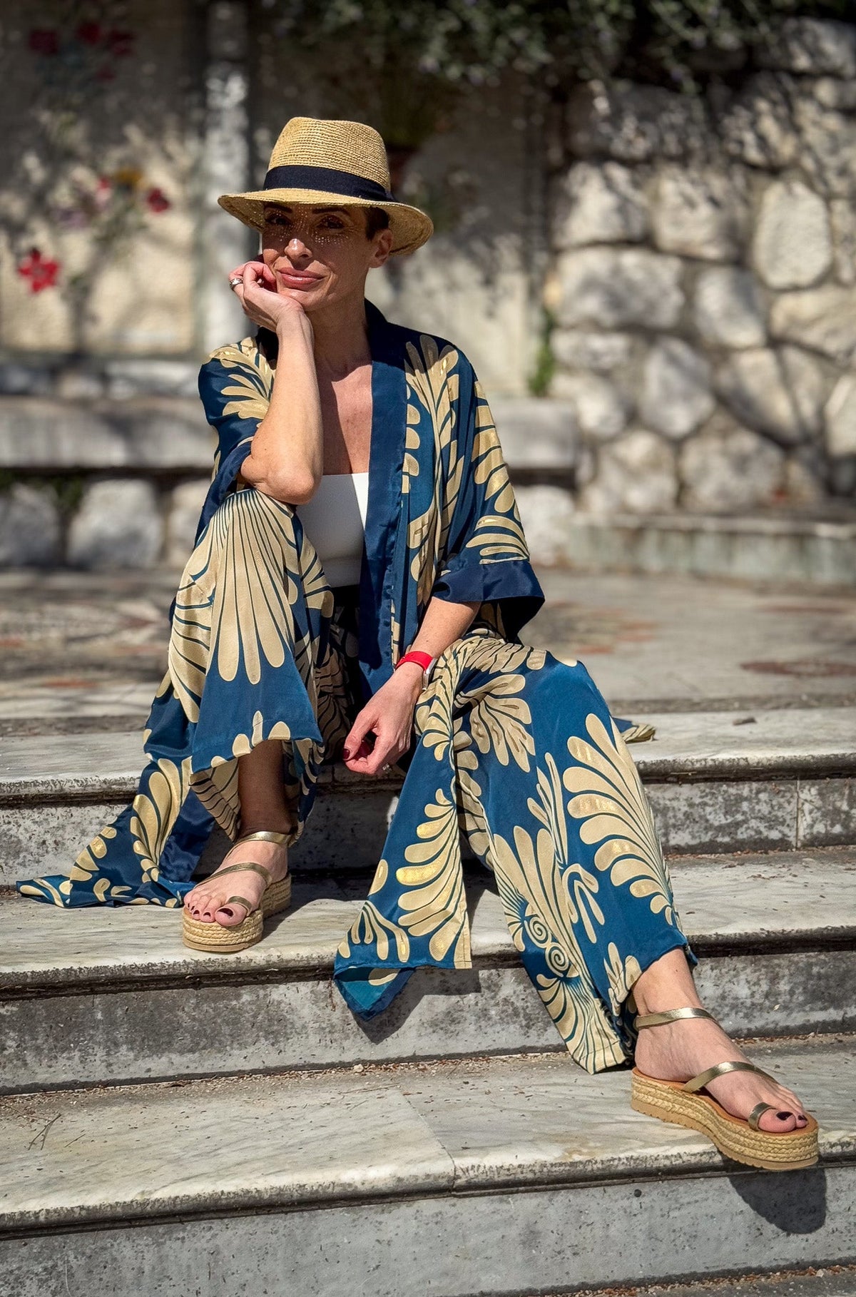 Silk kimono and palazzo pants set, seventies style kimono, casual chic silk set, wide leg silk pants, gift for her.