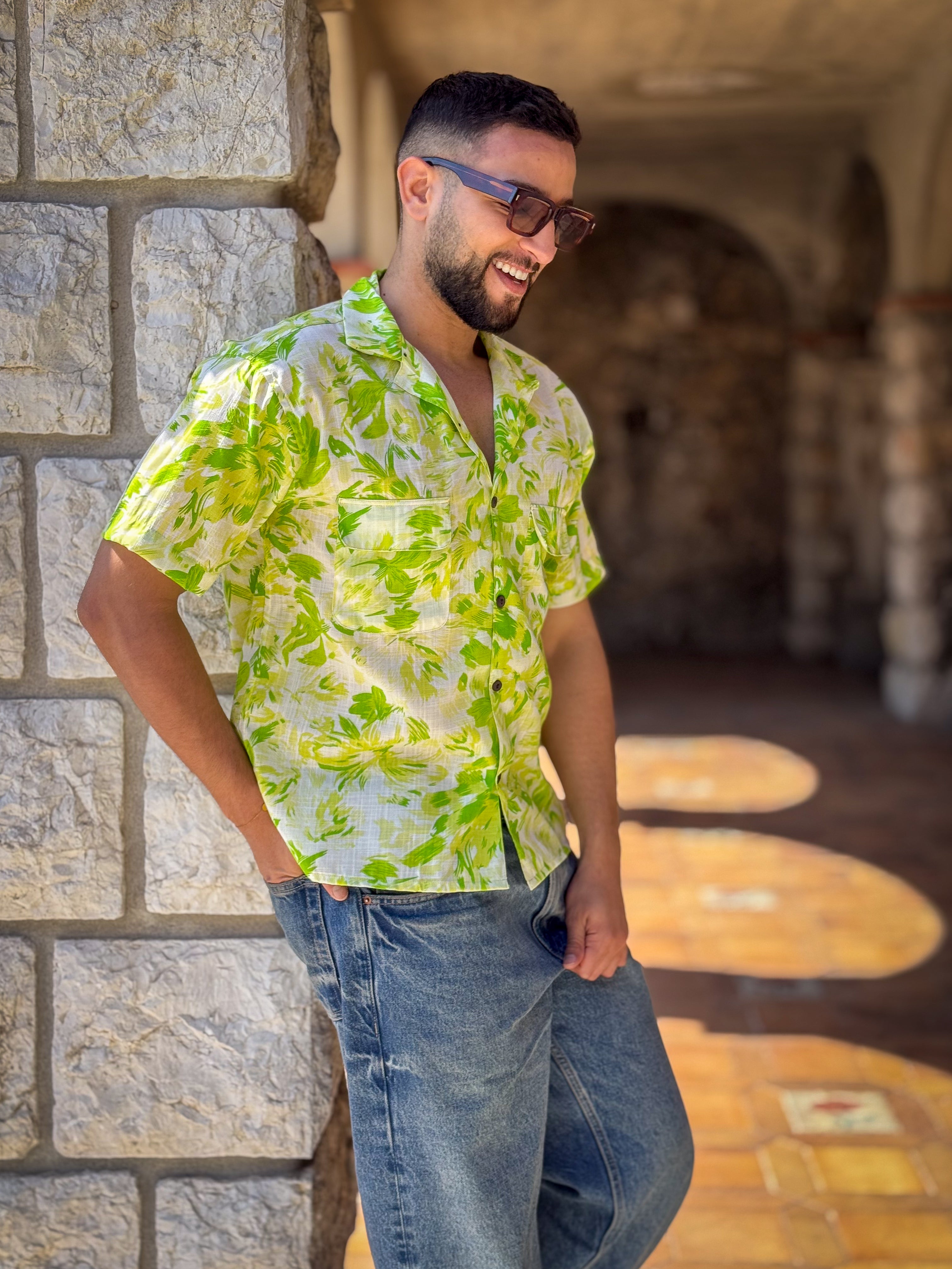 Men’s Vintage short sleeves Shirt – Cuban Collar, Coconut Buttons & Retro Charm – Gift for Him