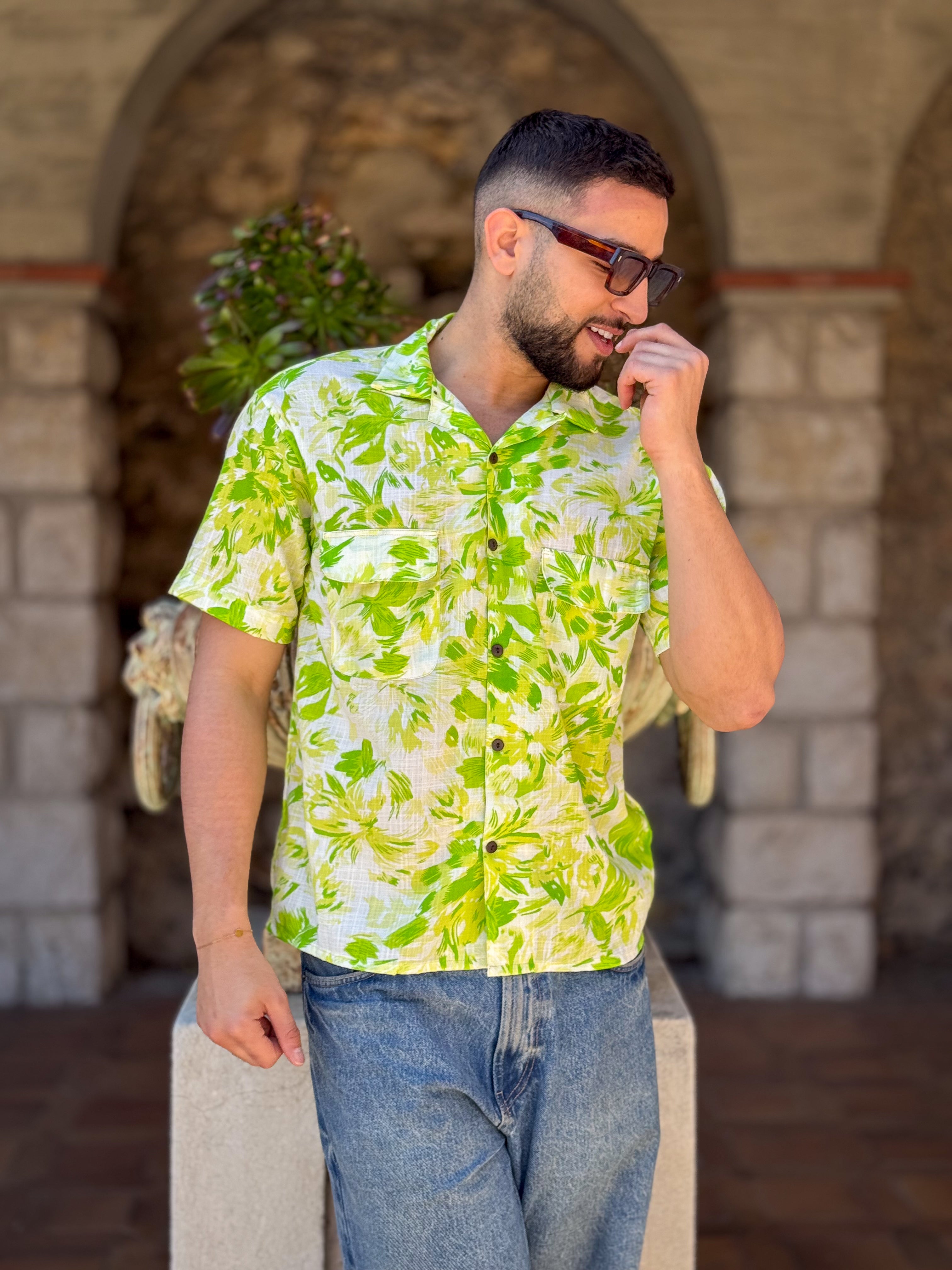 Men’s Vintage short sleeves Shirt – Cuban Collar, Coconut Buttons & Retro Charm – Gift for Him