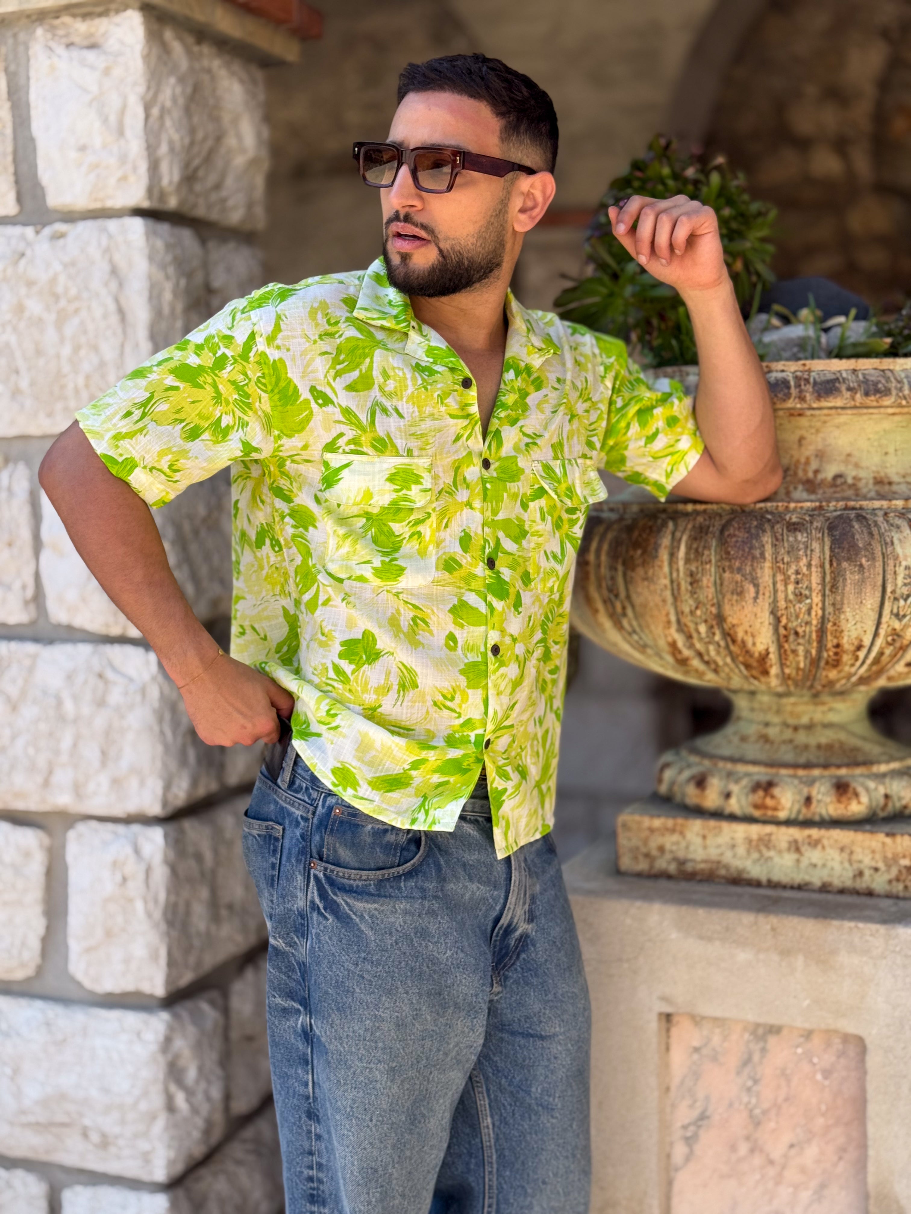 Men’s Vintage short sleeves Shirt – Cuban Collar, Coconut Buttons & Retro Charm – Gift for Him