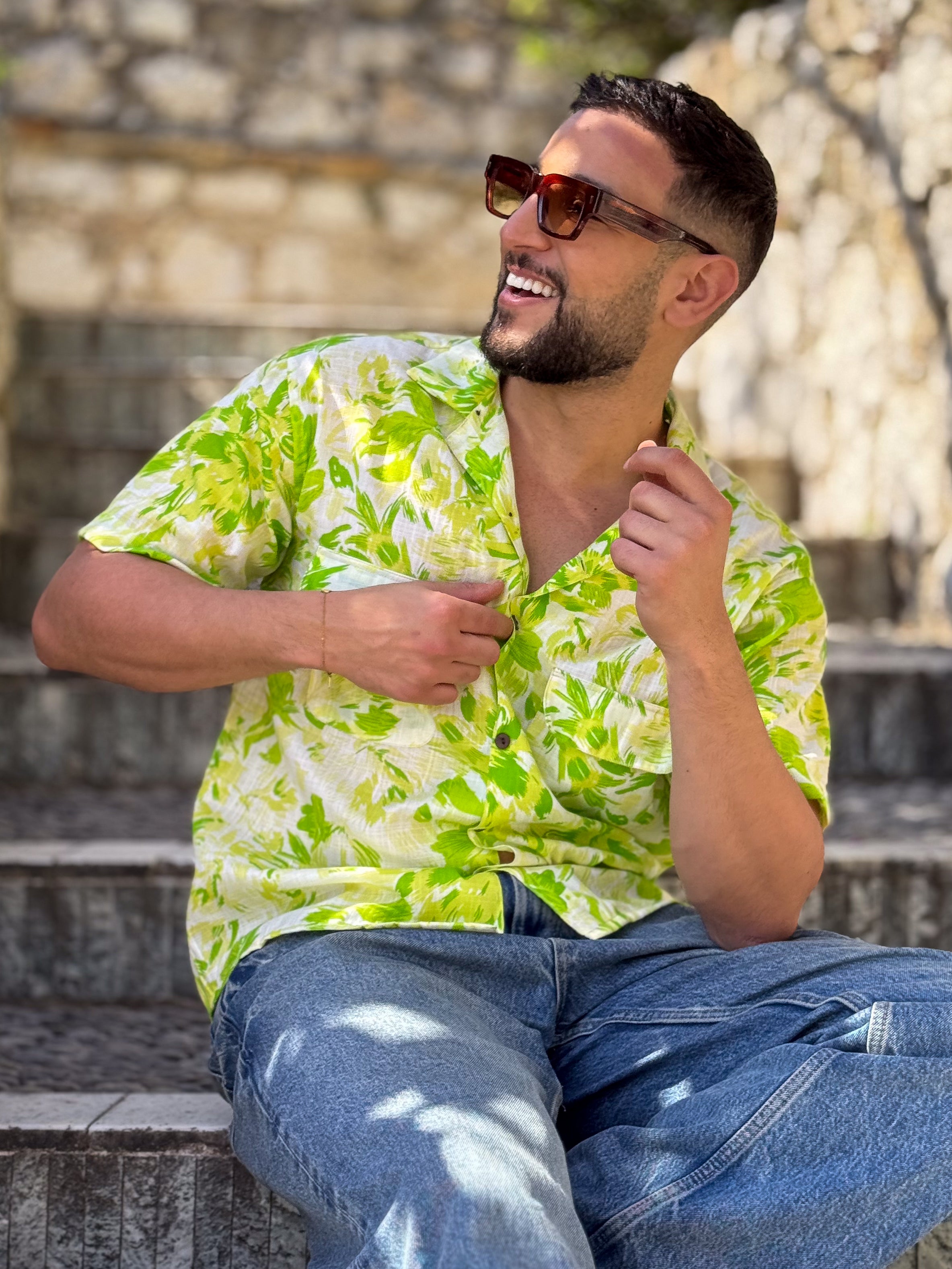 Men’s Vintage short sleeves Shirt – Cuban Collar, Coconut Buttons & Retro Charm – Gift for Him