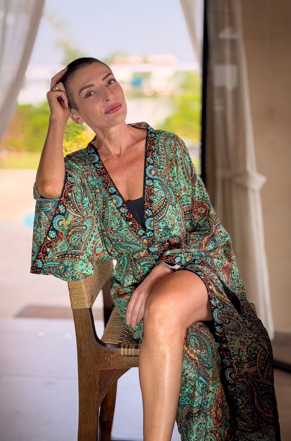 Kimono long en soie vintage – robe d’intérieur ceinturée – peignoir vintage en soie