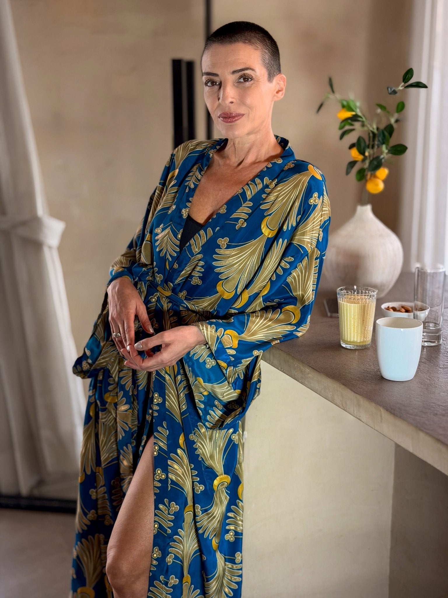 Vintage Silk Long Kimono – belted loungewear robe – Vintage Silk Dressing Gown