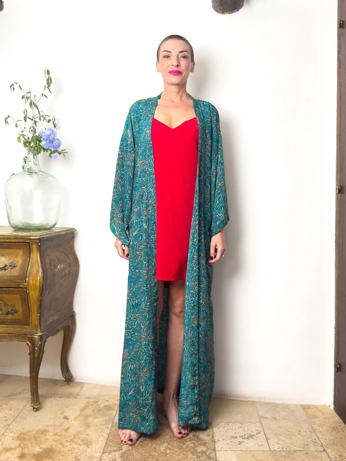 Kimono long en soie, robe Boho Lounge, robe de chambre, kimono vintage avec ceinture, cadeau de Noël, cadeaux pour elle