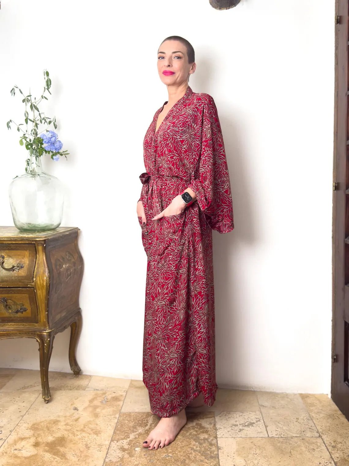 Kimono long en soie, robe maison bohème, kimono vintage avec ceinture, cadeau de Noël, cadeaux pour elle