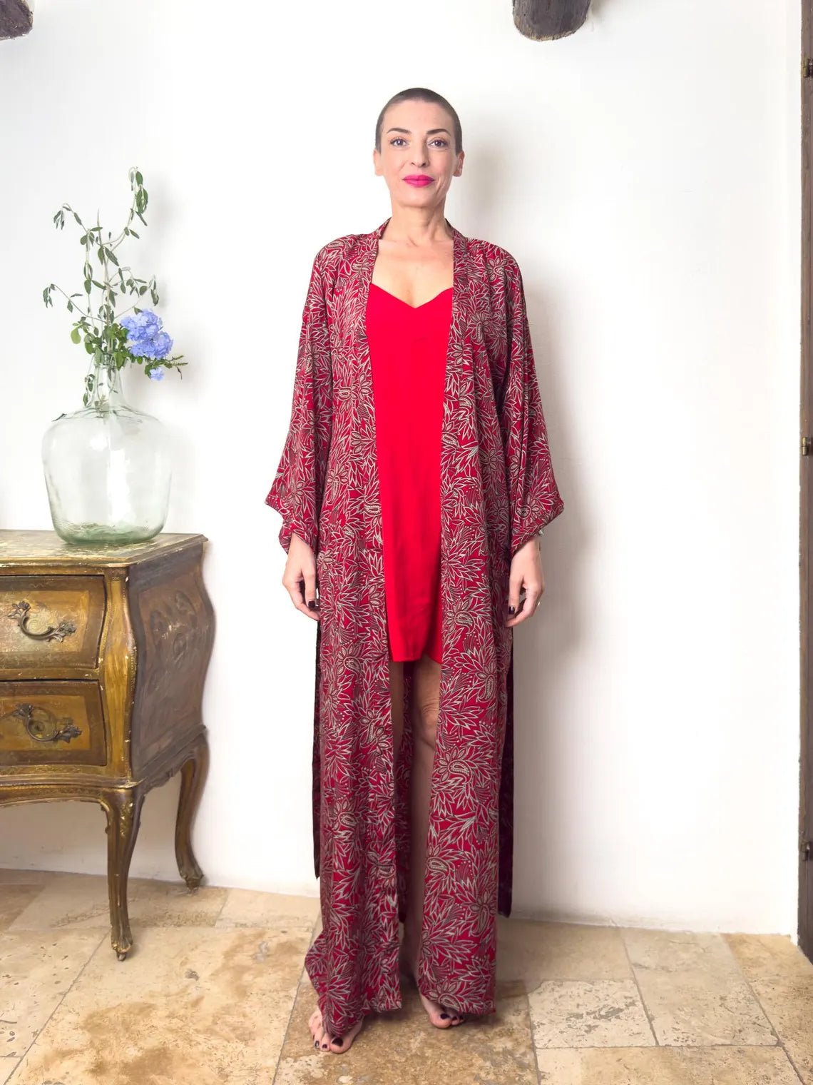 Kimono long en soie, robe maison bohème, kimono vintage avec ceinture, cadeau de Noël, cadeaux pour elle