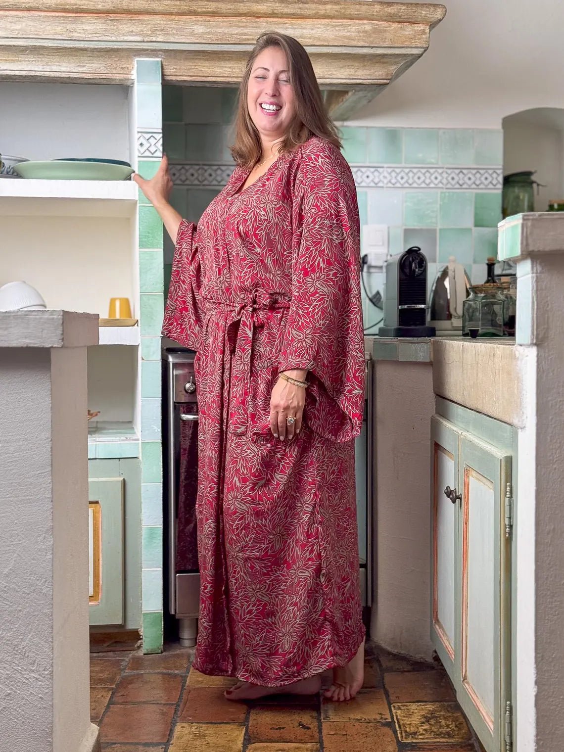 Kimono long en soie, robe maison bohème, kimono vintage avec ceinture, cadeau de Noël, cadeaux pour elle