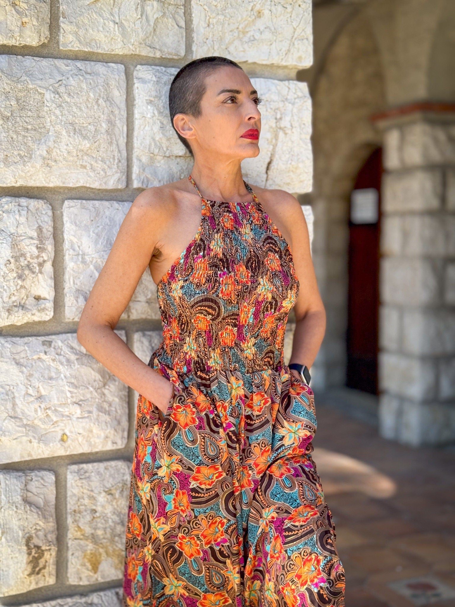 Silk backless dress / Silk smocked dress / Vintage mid-length dress / midi dress / summer dress / light dress