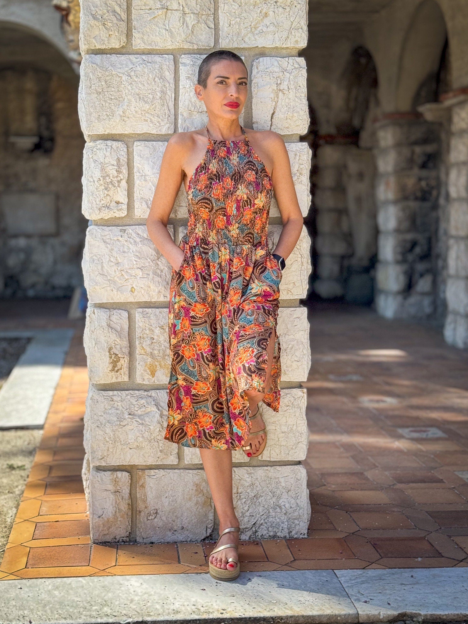 Silk backless dress / Silk smocked dress / Vintage mid-length dress / midi dress / summer dress / light dress