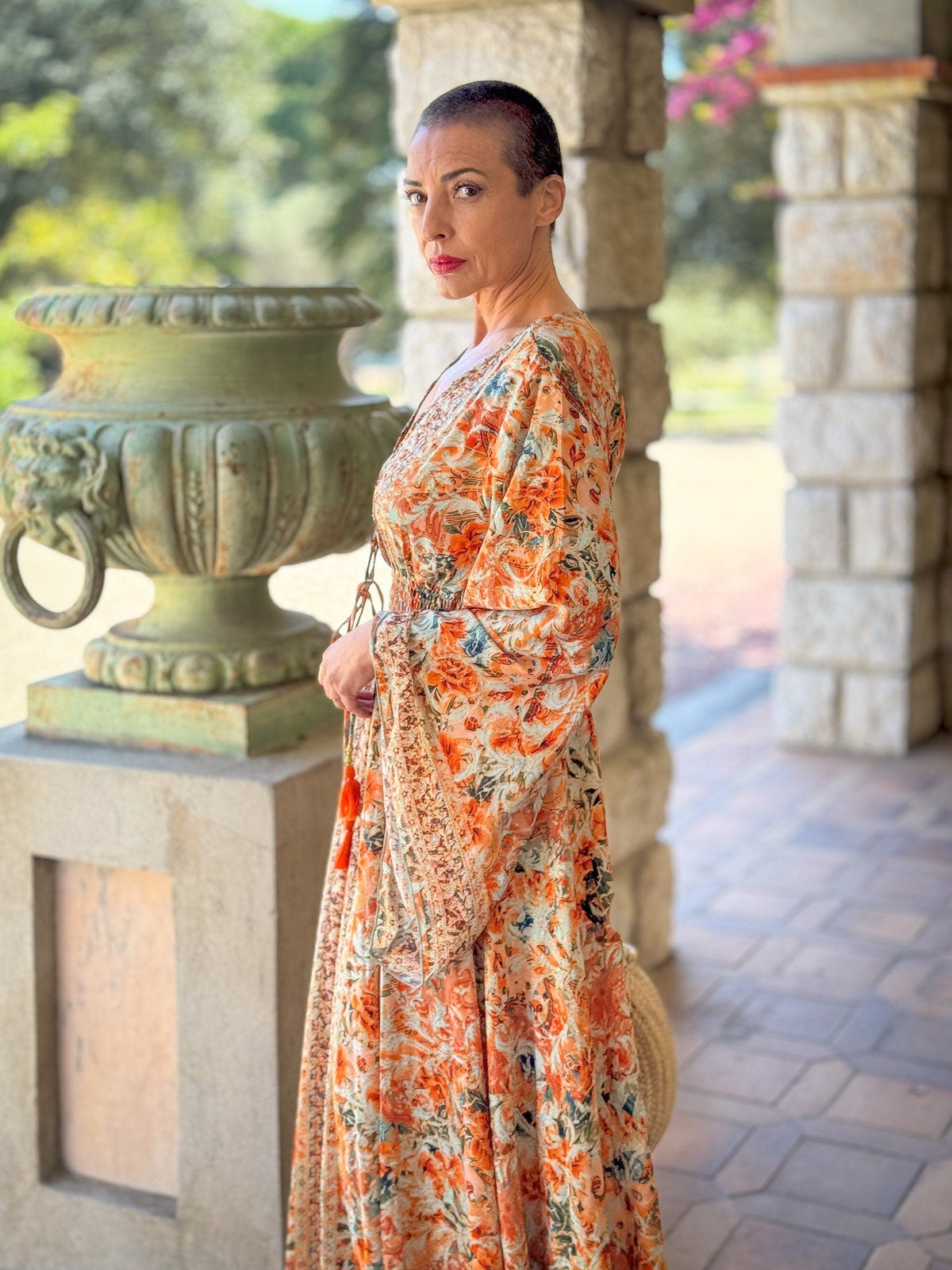 Long boho silk dress, vintage silk dress, neckline dress, smocked dress, bohemian gypsy dress, flared sleeve dress, summer dress