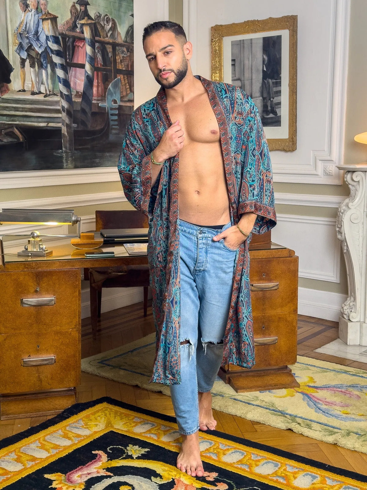 Man wearing the silk and rayon kimono open with jeans