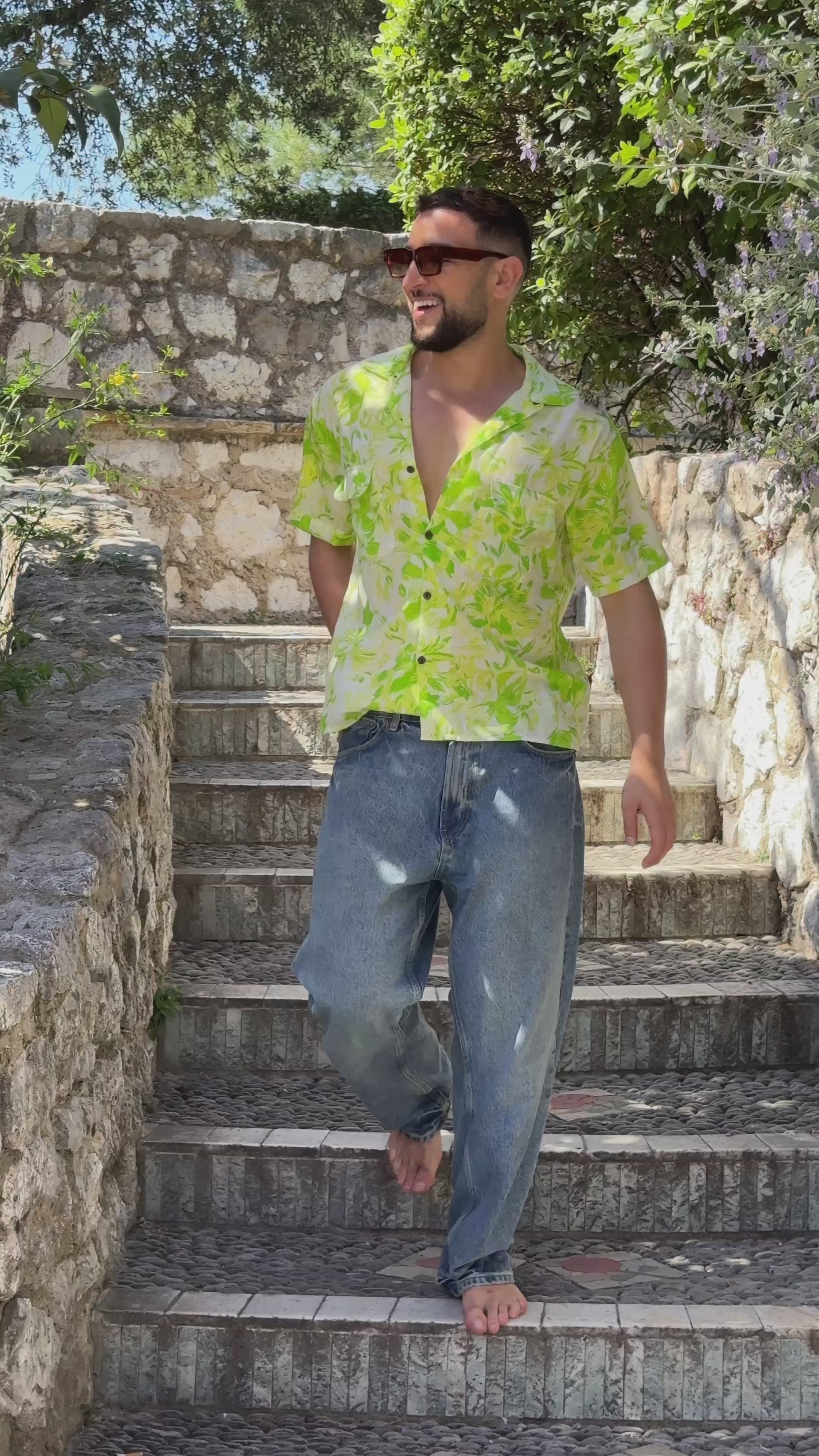 Men’s Vintage short sleeves Shirt – Cuban Collar, Coconut Buttons & Retro Charm – Gift for Him