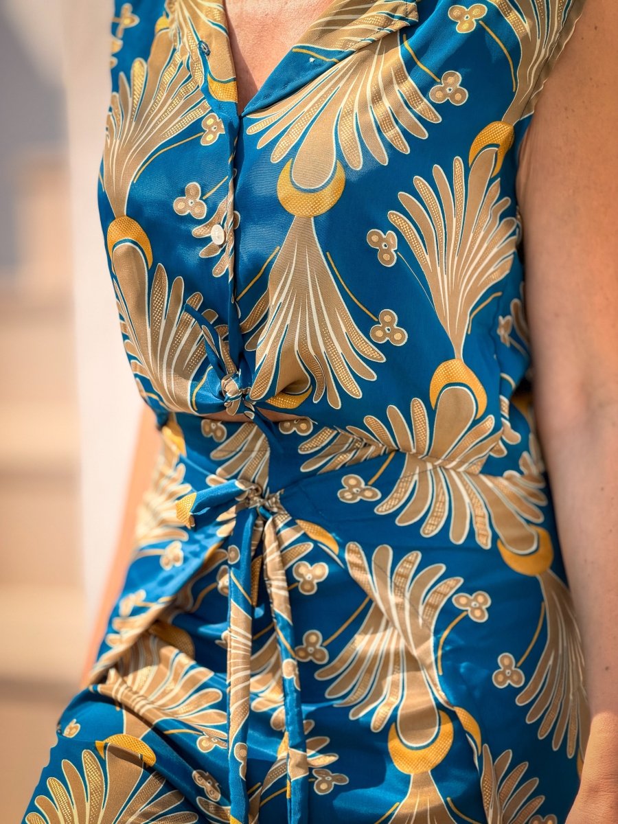 Boho silk set – sleeveless blouse & flowy wrap pants