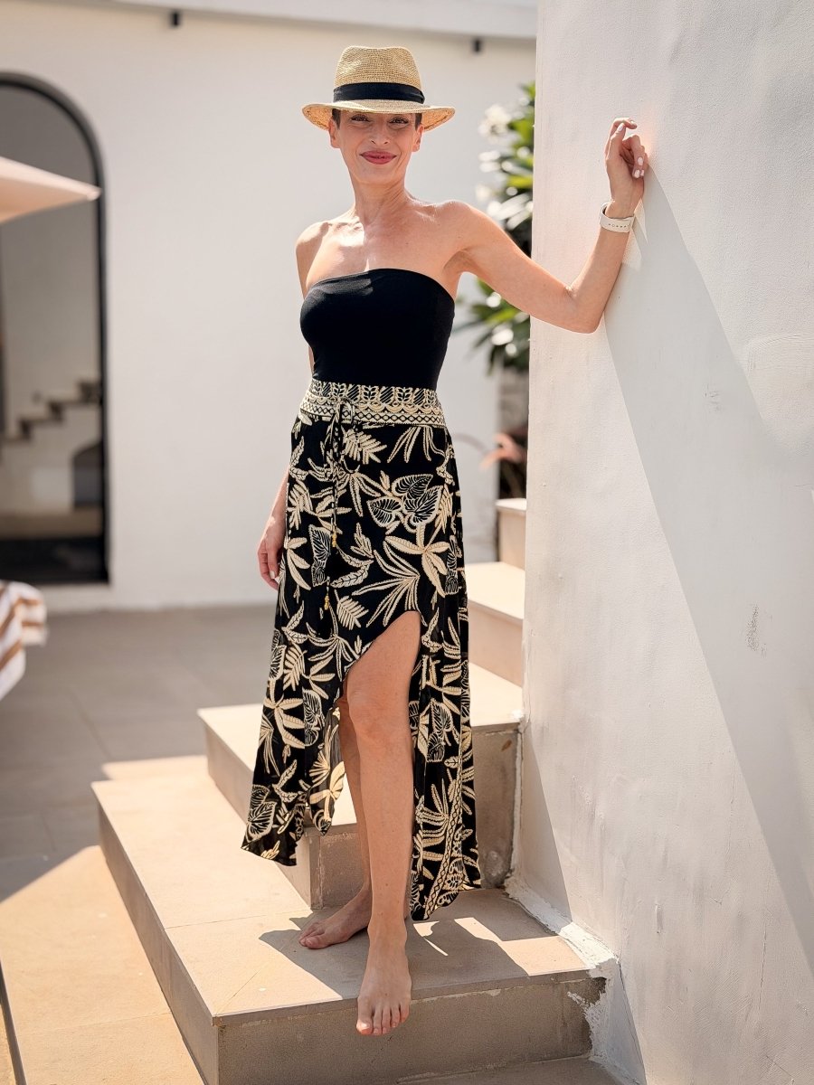 Boho long silk skirt with slit, adjustable waist, fluid fit