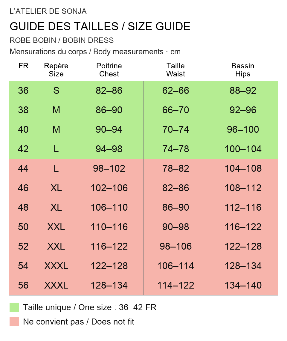 Guide des tailles français / English size guide. Rouge : ne convient pas / Red: does not fit. Mesures en cm / Measurements in cm.