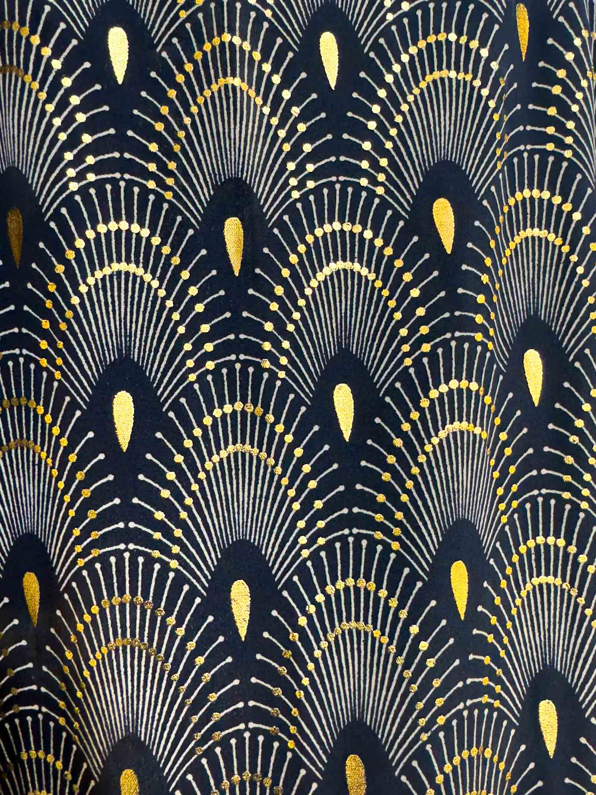 Detail of the gold-toned fan print on black silk-blend fabric