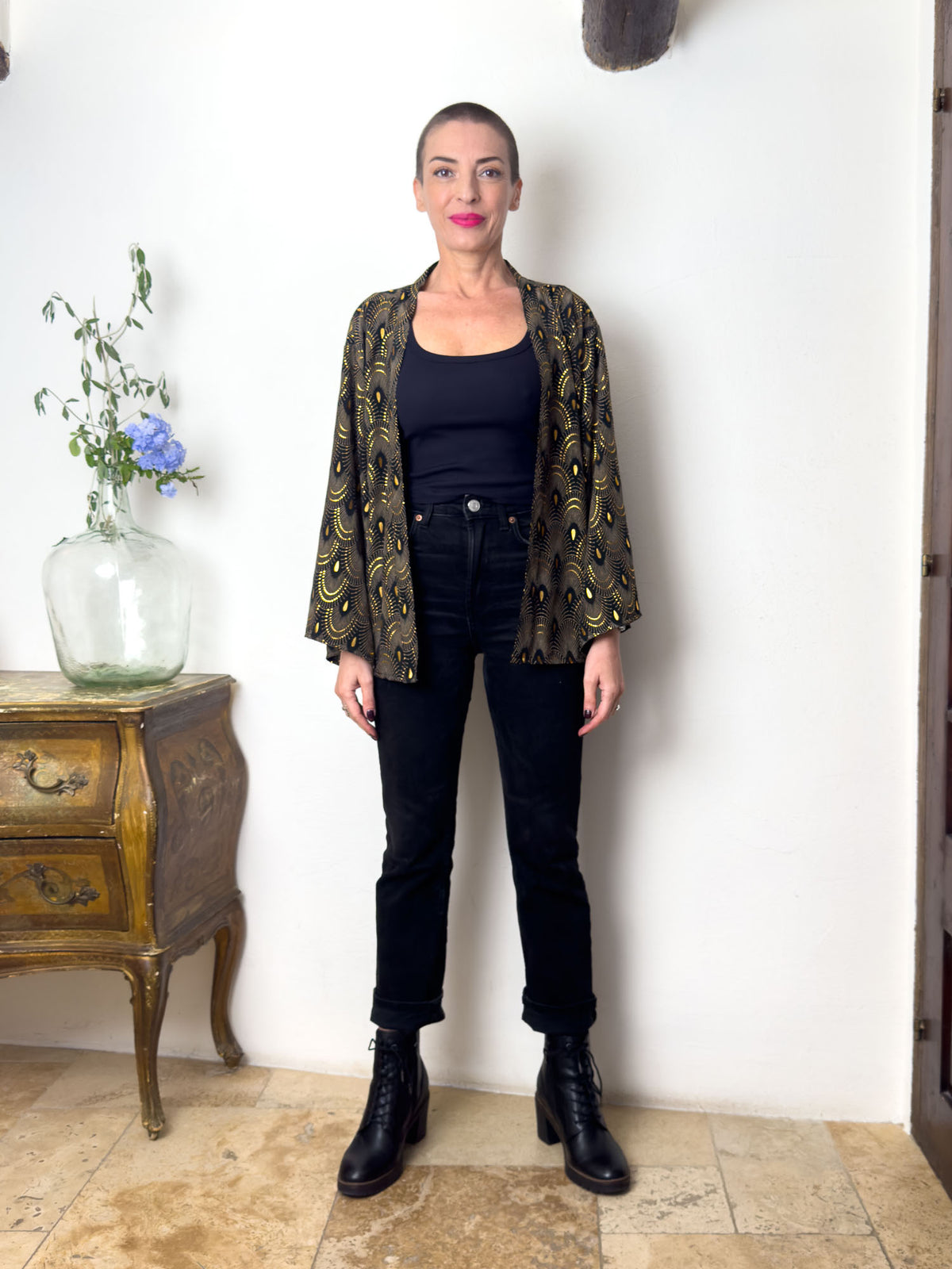 Black printed silk-blend kimono jacket worn open, front view
