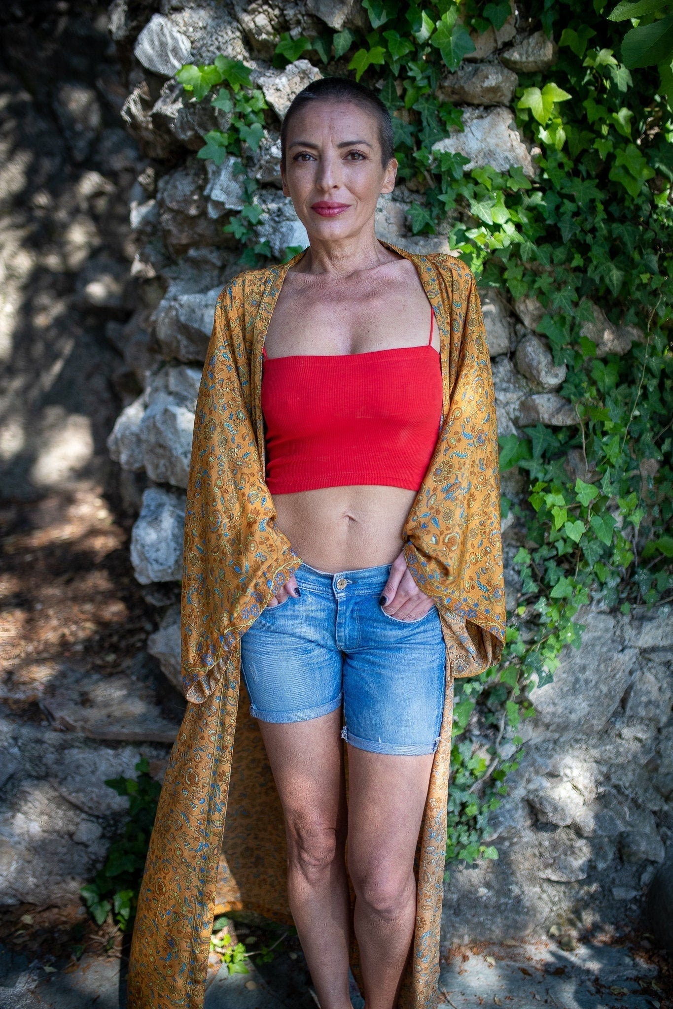 Kimono long en soie, robe Boho Lounge, robe de chambre, Kimono vintage avec ceinture