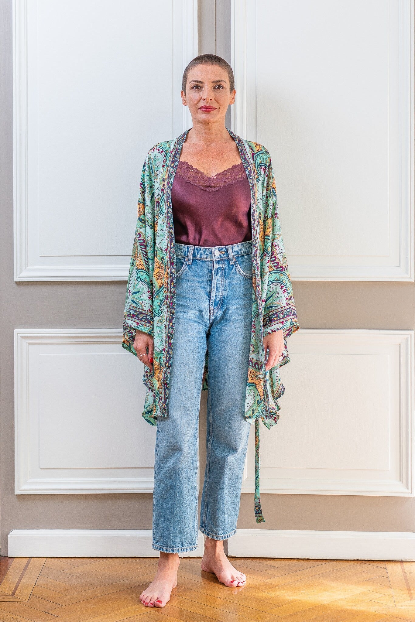 Kimono court en soie, kimono sil avec ceinture, kimono vintage, kimono boho, robe de chambre