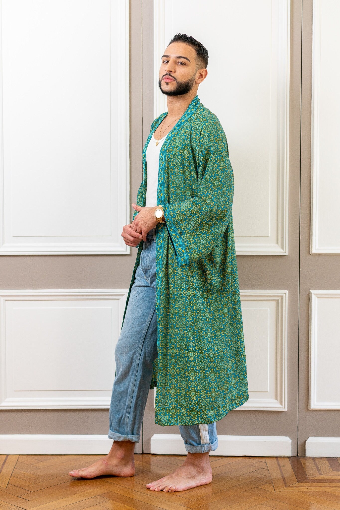 Kimono homme bohème en soie, kimono pour lui, peignoir en soie, robe de chambre