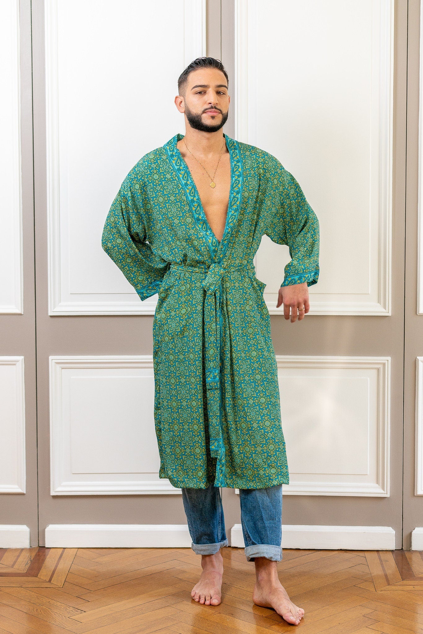 Kimono homme bohème en soie, kimono pour lui, peignoir en soie, robe de chambre