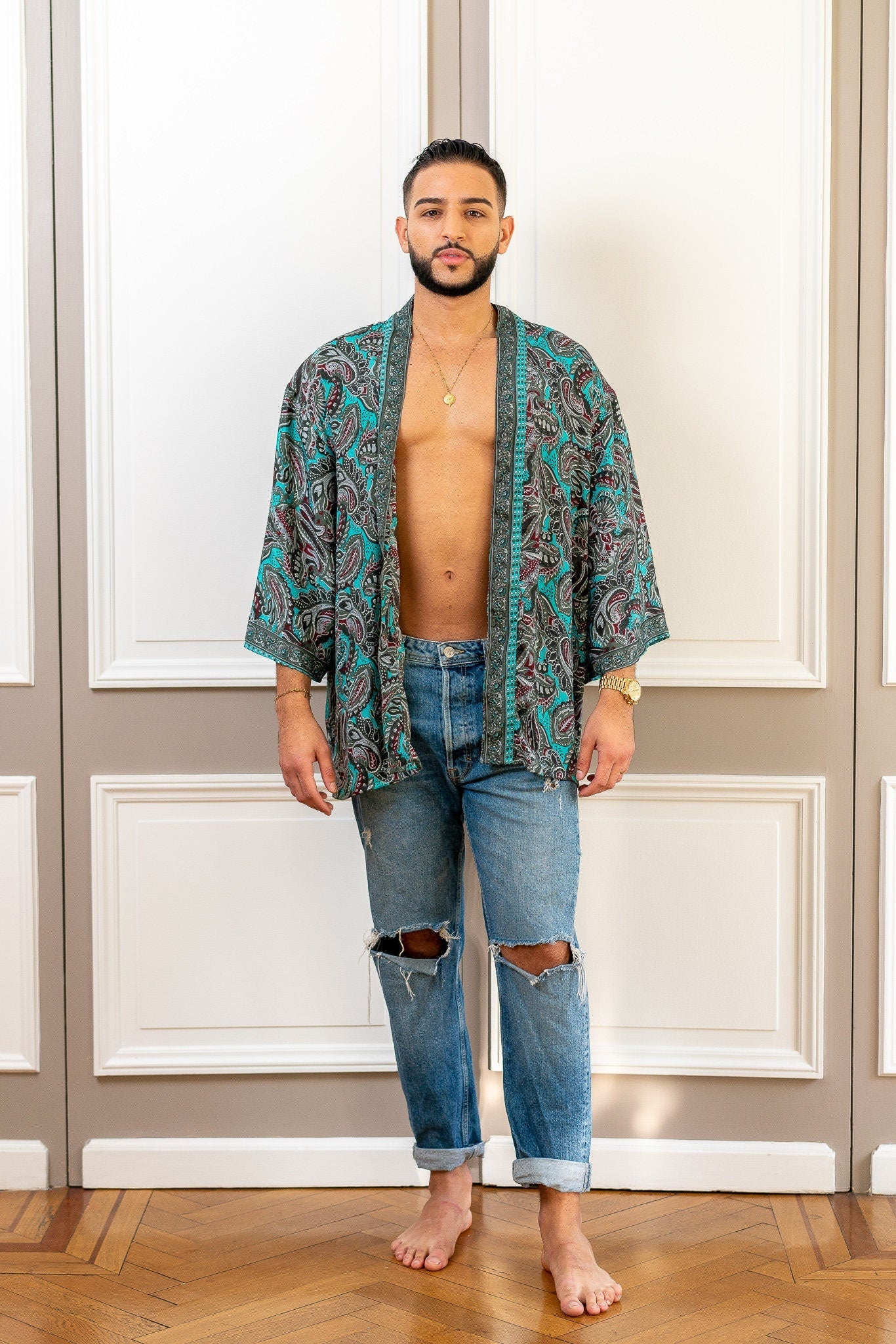 Veste kimono homme, veste cardigan, kimono soie, kimono court