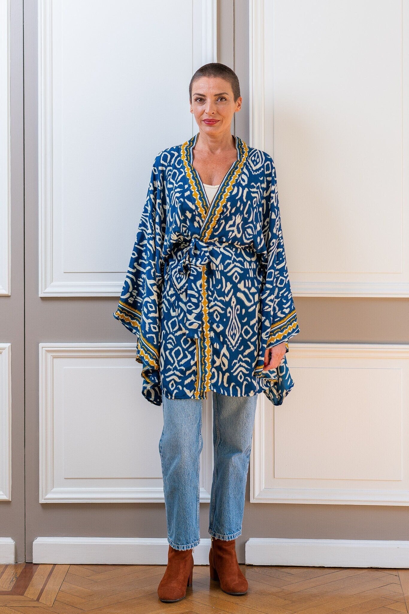 Kimono court en soie, kimono sil avec ceinture, kimono vintage, kimono boho, robe de chambre