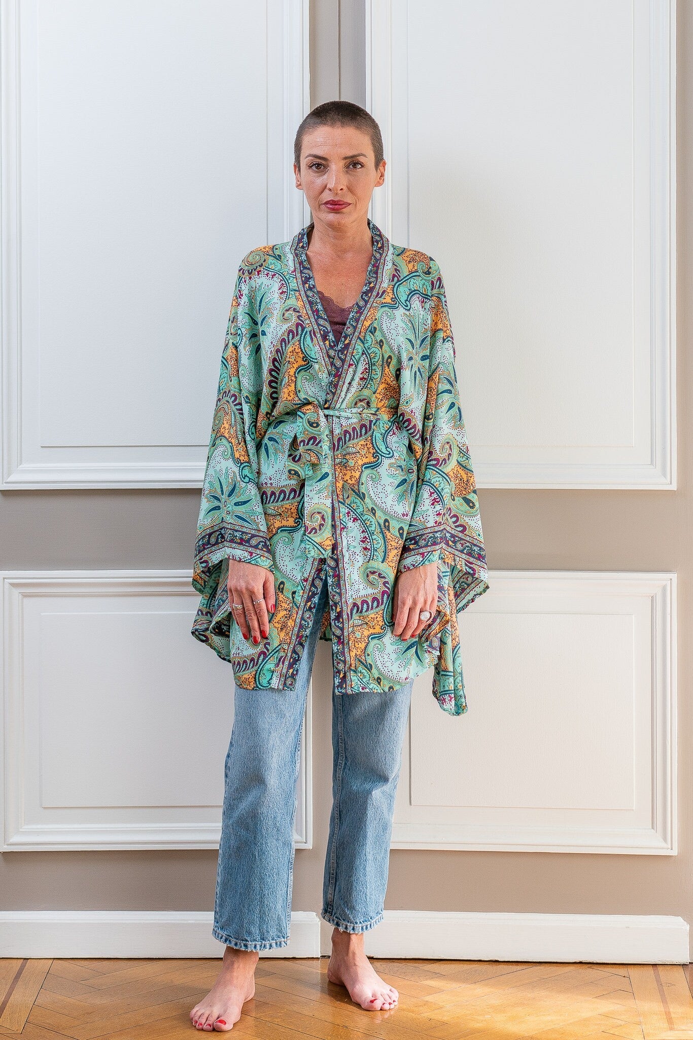 Kimono court en soie, kimono sil avec ceinture, kimono vintage, kimono boho, robe de chambre