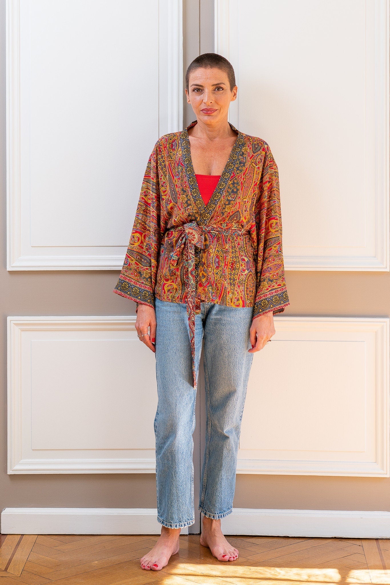 Veste kimono en soie, veste cardigan, kimono vintage, veste bohème