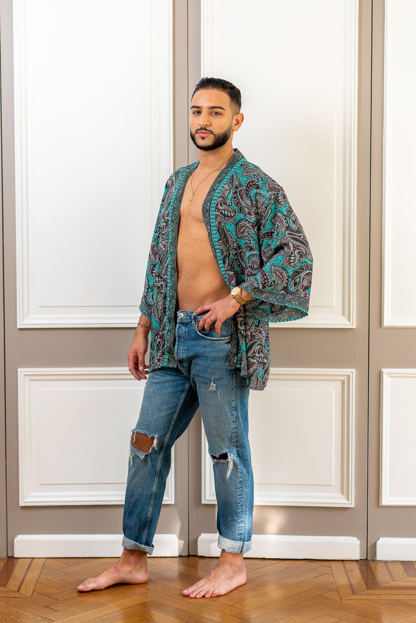 Veste kimono homme, veste cardigan, kimono soie, kimono court