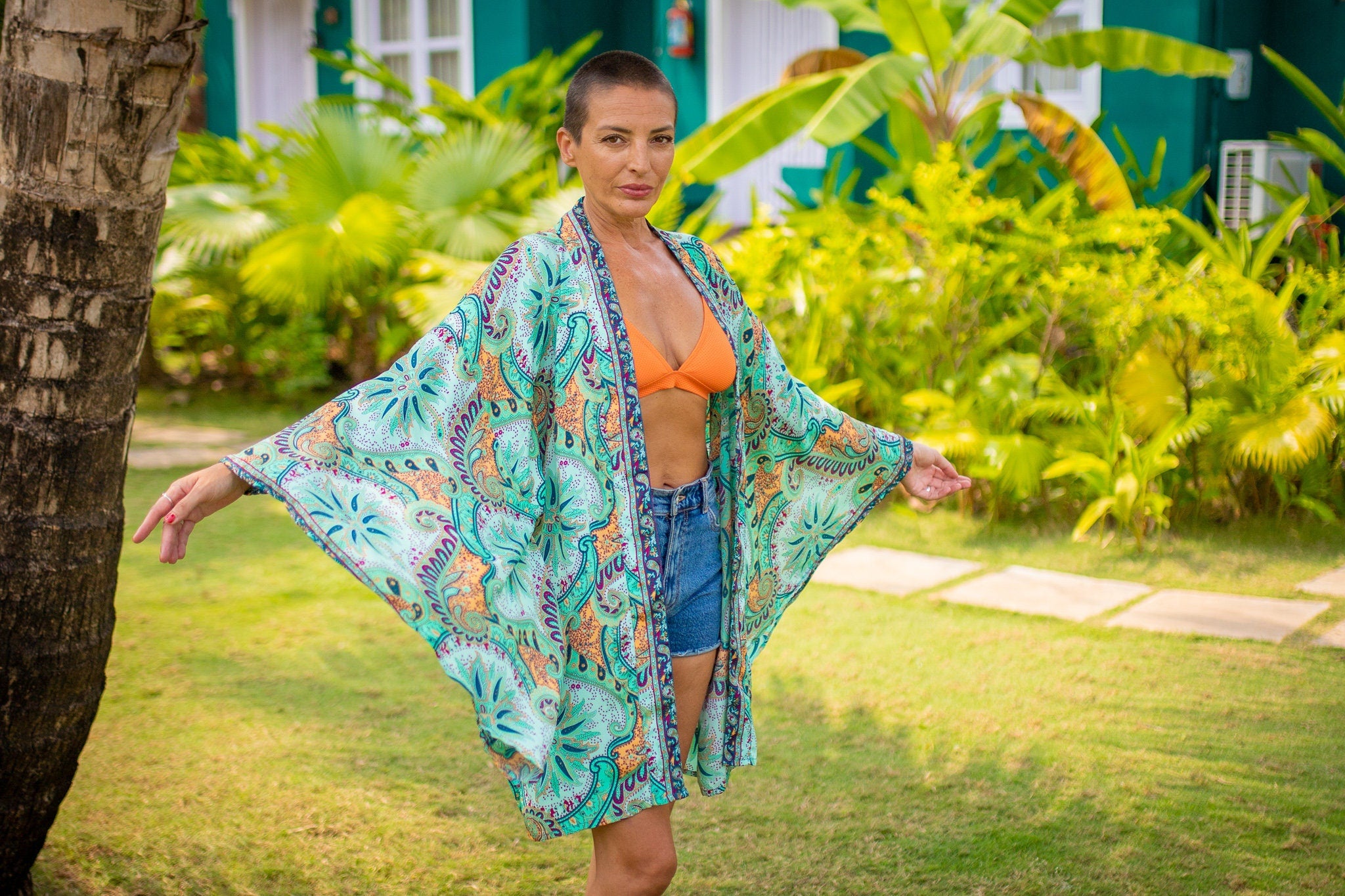 Kimono court en soie, kimono sil avec ceinture, kimono vintage, kimono boho, robe de chambre