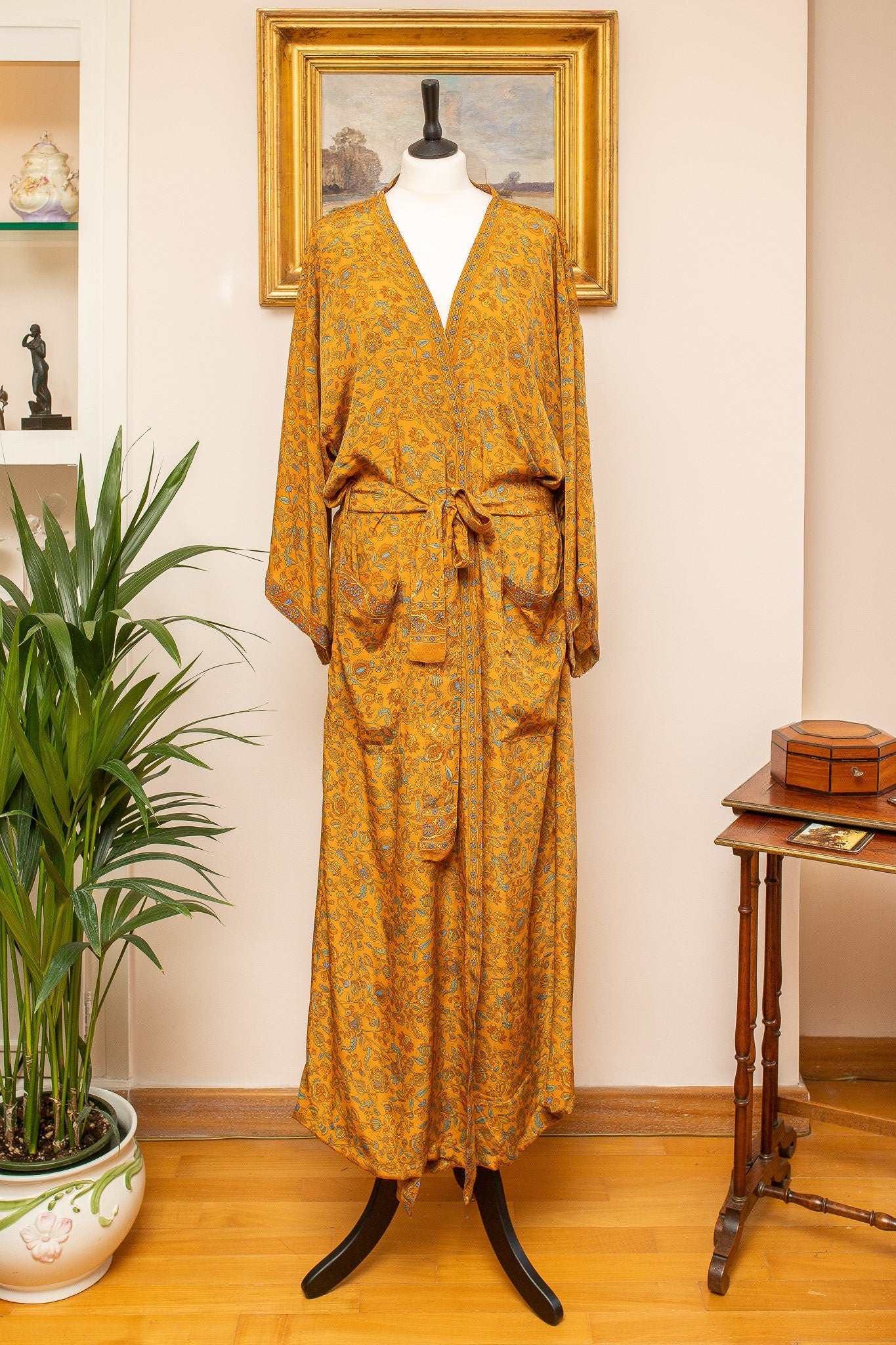 Kimono long en soie, robe Boho Lounge, robe de chambre, Kimono vintage avec ceinture