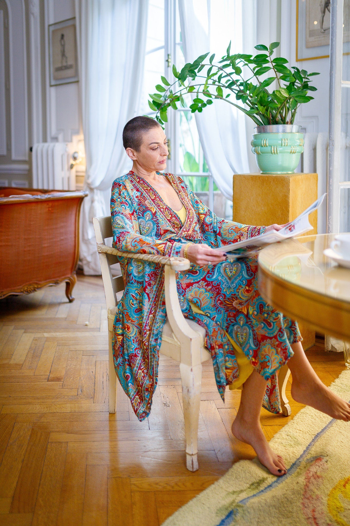 Long silk kimono, Boho Lounge Dress, Dressing gown, Vintage Kimono with Belt