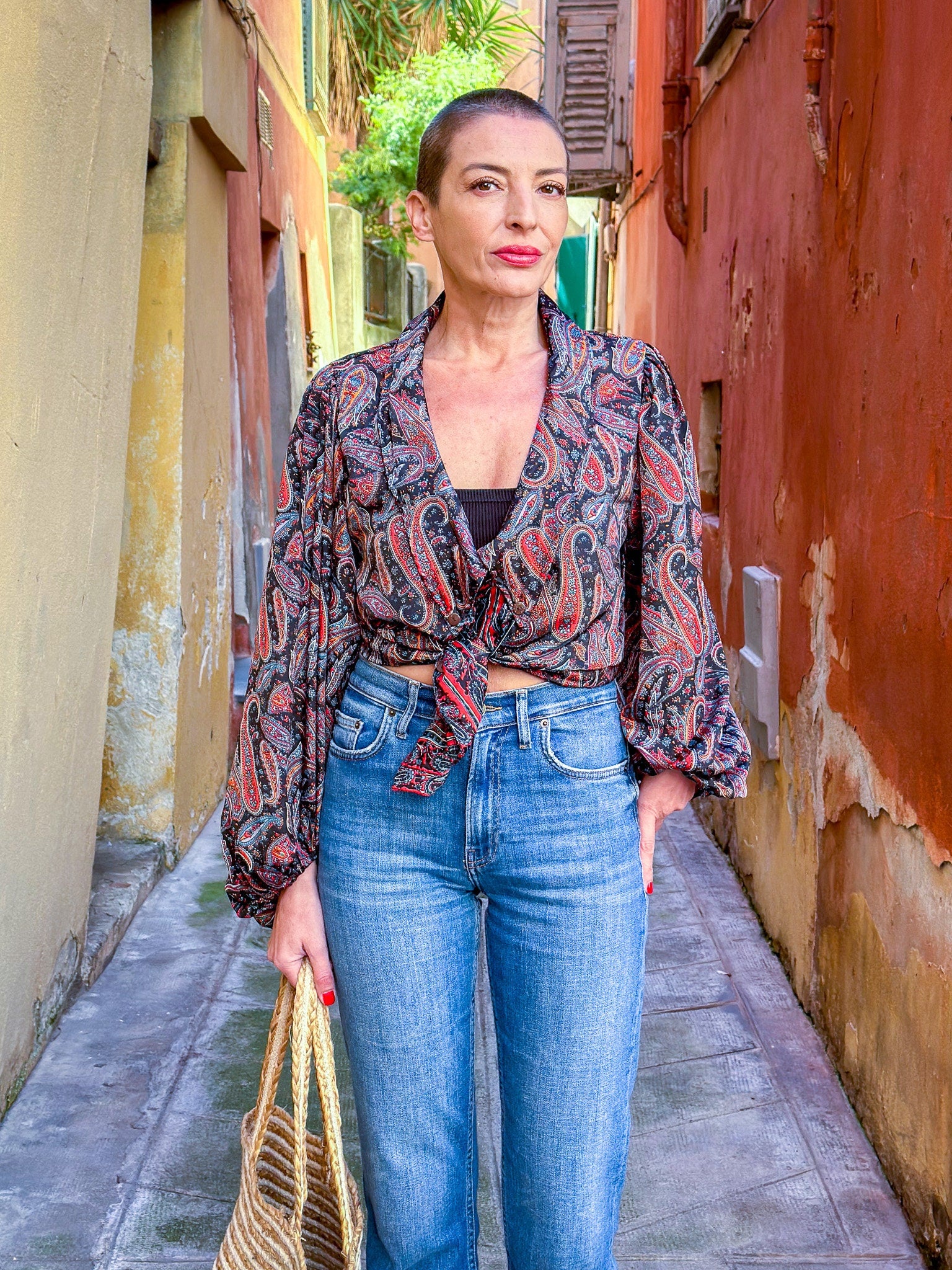 Vintage silk blouse with balloon sleeves, oversized collar, maxi low-cut blouse, long-sleeved blouse