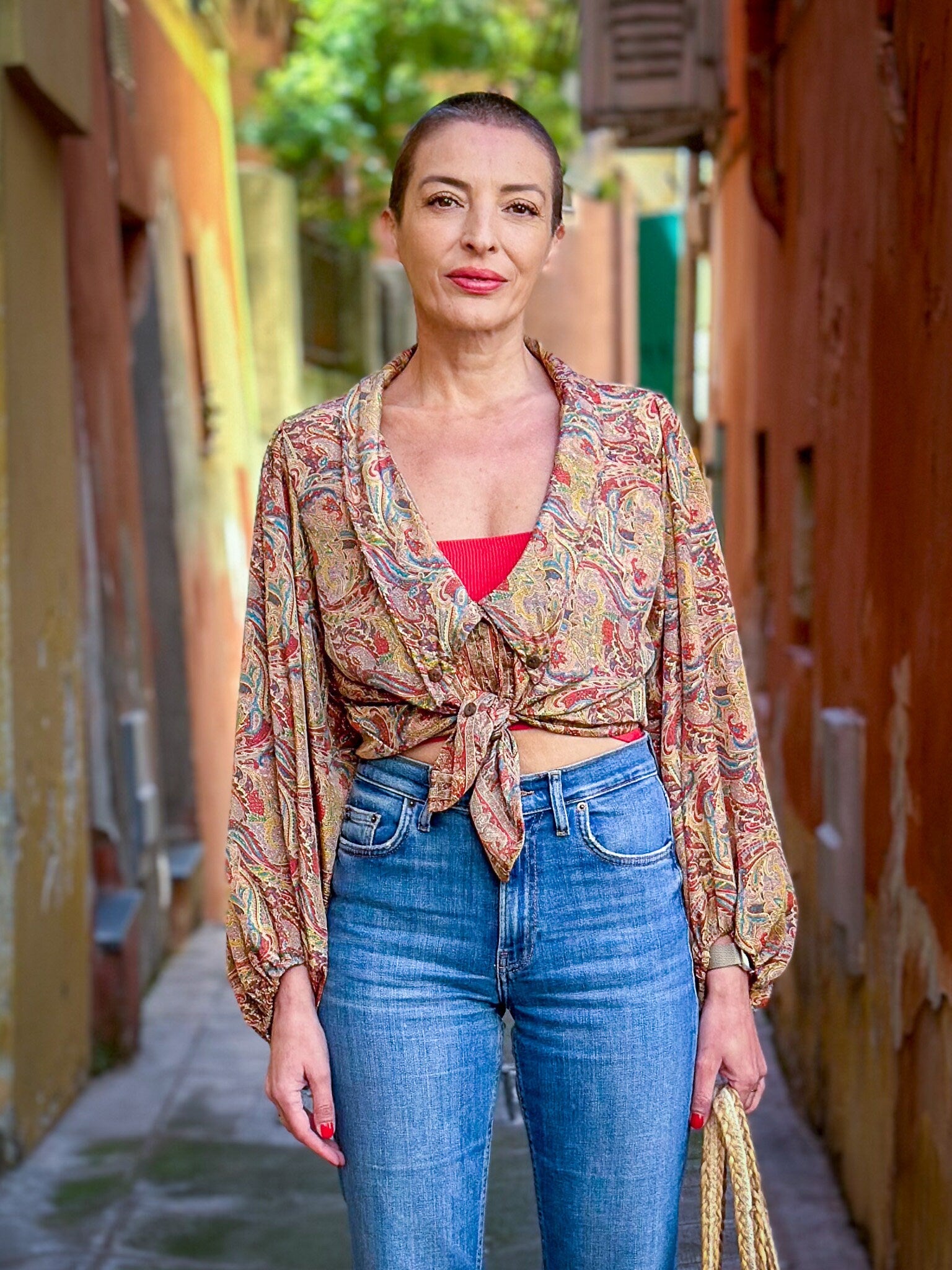 Vintage silk blouse with balloon sleeves, oversized collar, maxi low-cut blouse, long-sleeved blouse