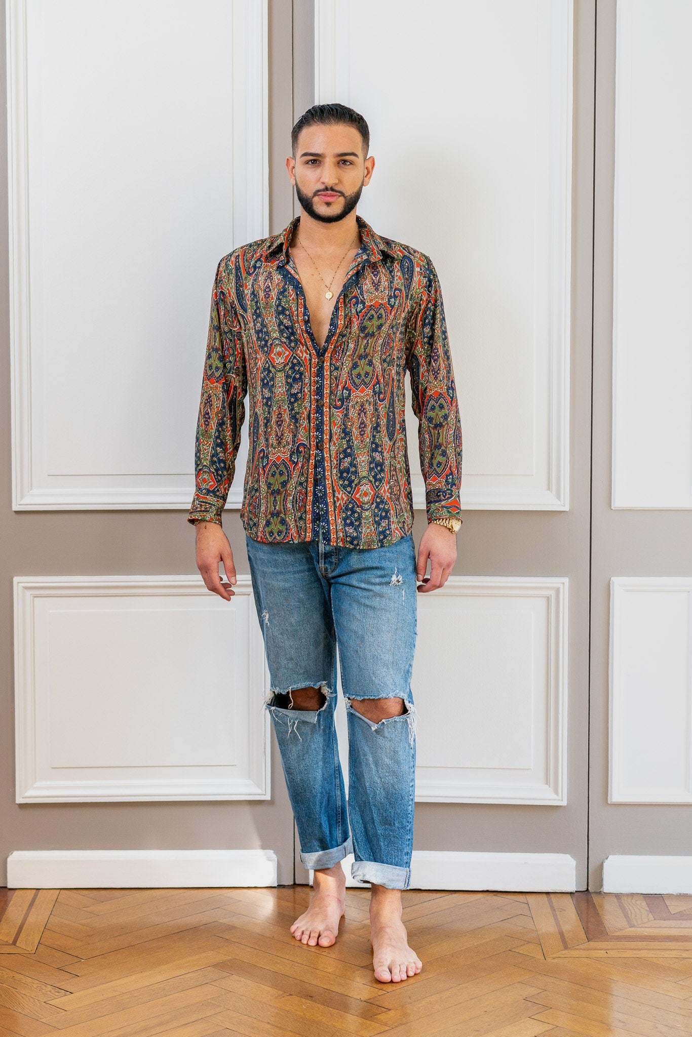 Vintage silk shirt, Long sleeve men's shirt, Boho chic shirt, Vintage retro shirt, Chic shirt for men