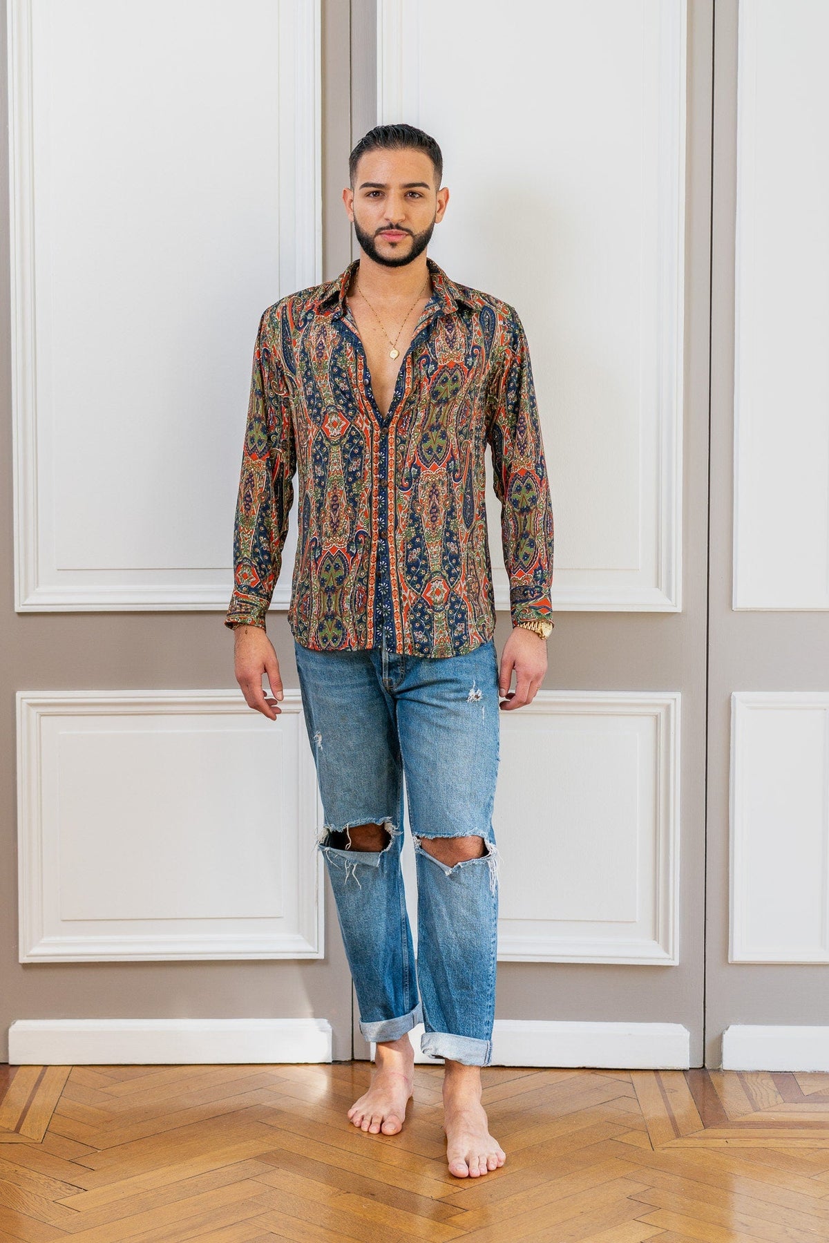 Vintage silk shirt, Long sleeve men's shirt, Boho chic shirt, Vintage retro shirt, Chic shirt for men