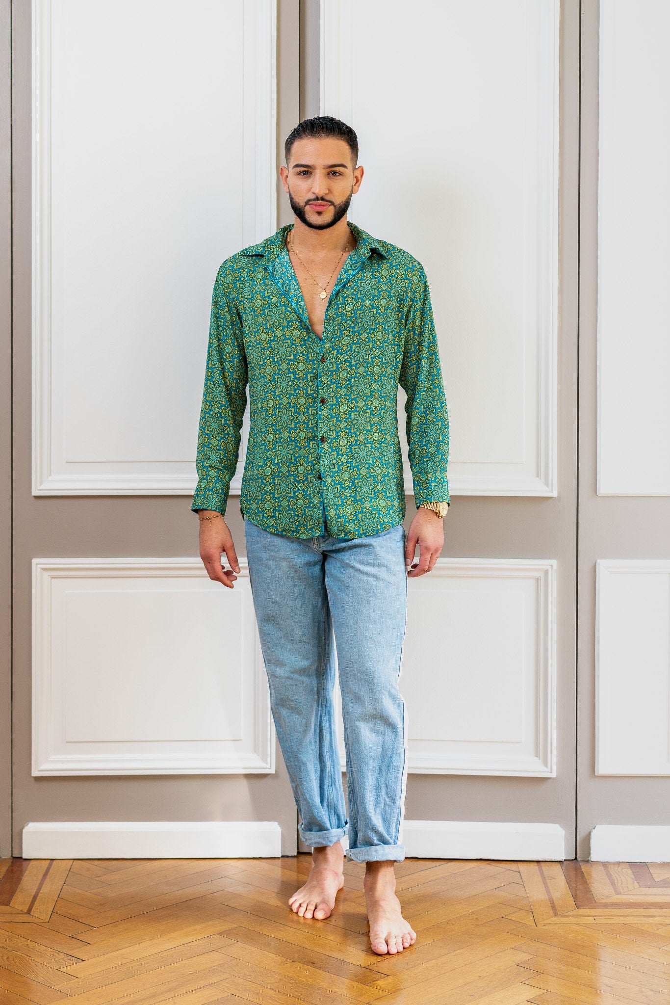 Vintage silk shirt, Long sleeve men's shirt, Boho chic shirt, Vintage retro shirt, Chic shirt for men