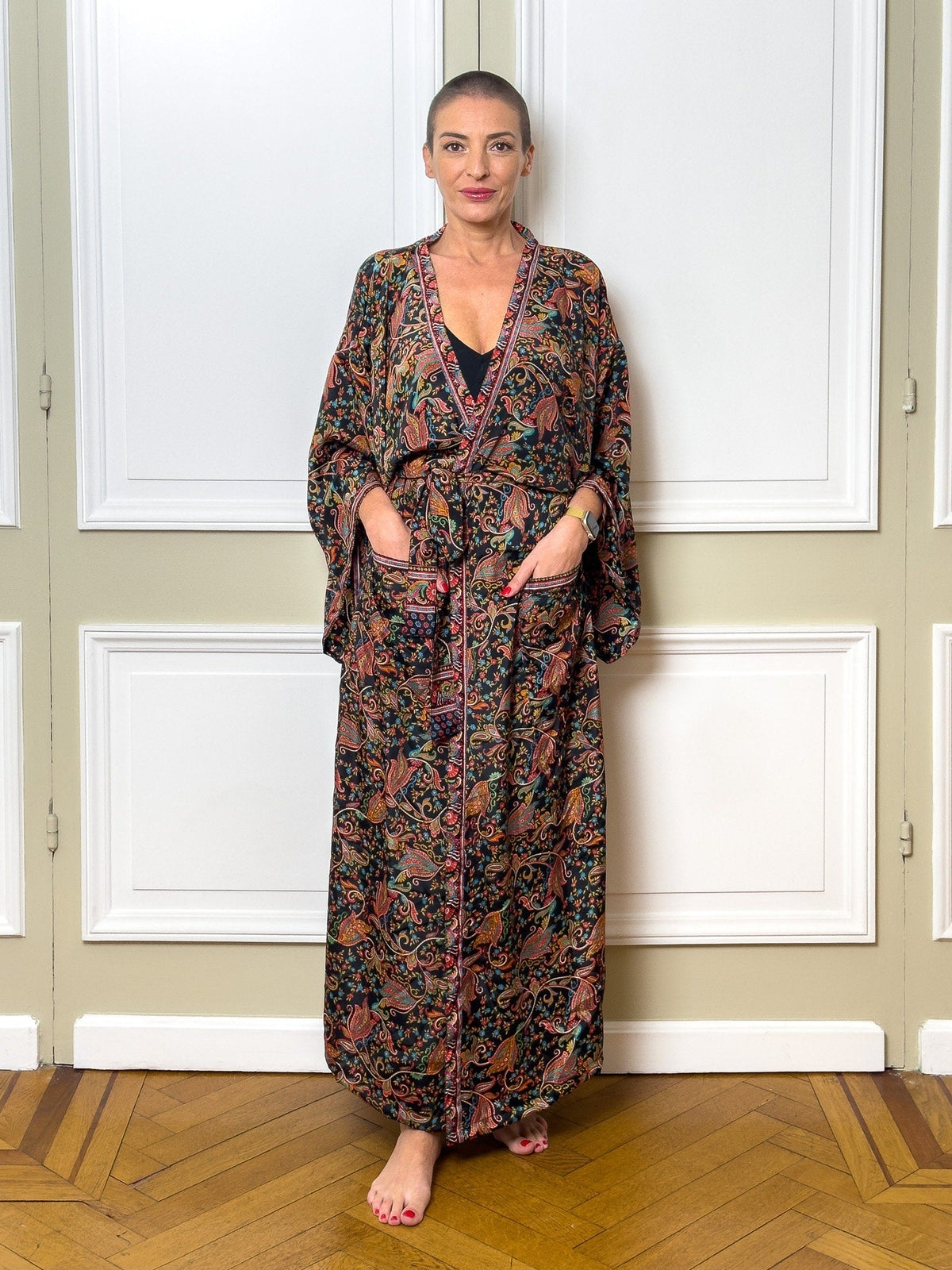 Kimono long en soie, robe maison bohème, kimono vintage avec ceinture, cadeau de Noël, cadeaux pour elle