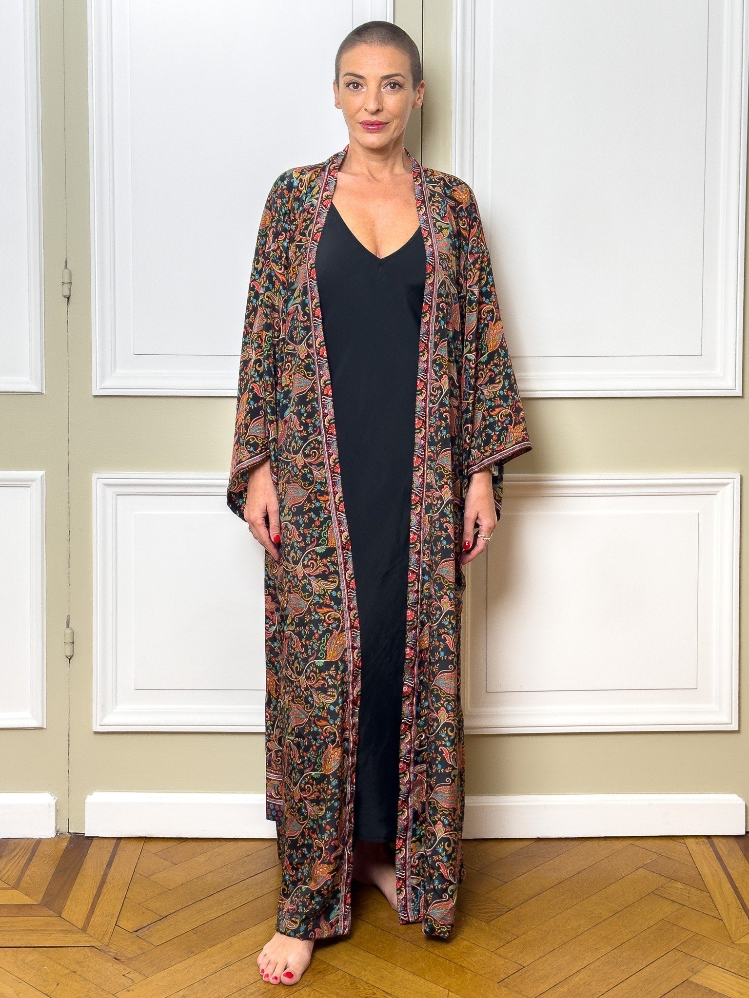 Kimono long en soie, robe maison bohème, kimono vintage avec ceinture, cadeau de Noël, cadeaux pour elle