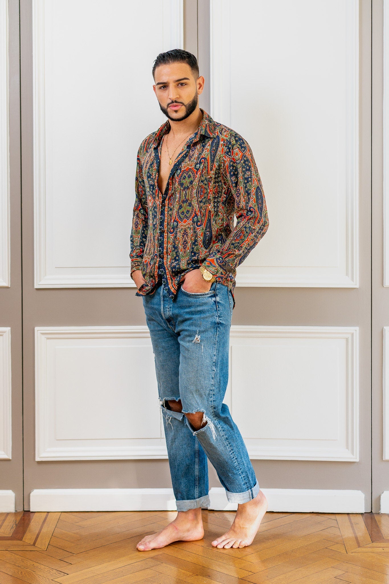 Vintage silk shirt, Long sleeve men's shirt, Boho chic shirt, Vintage retro shirt, Chic shirt for men