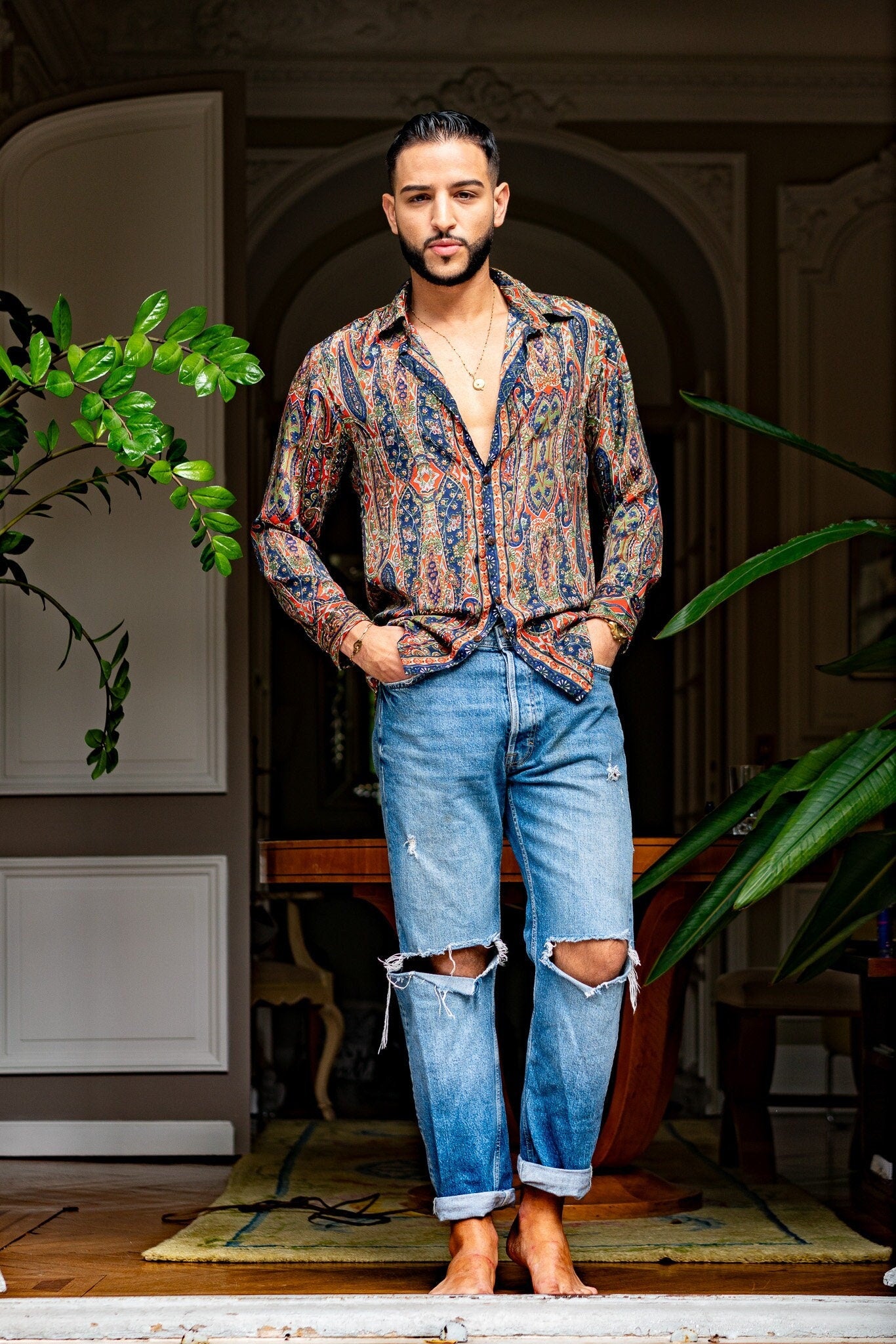 Vintage silk shirt, Long sleeve men's shirt, Boho chic shirt, Vintage retro shirt, Chic shirt for men