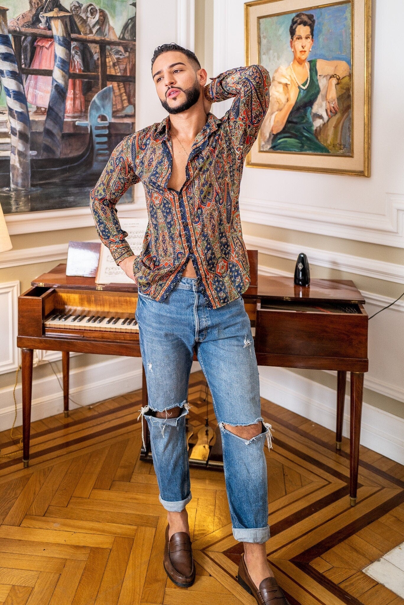 Rustic Bohemian Attire Men Silk Bohemian Style Mens Shirts Rustic