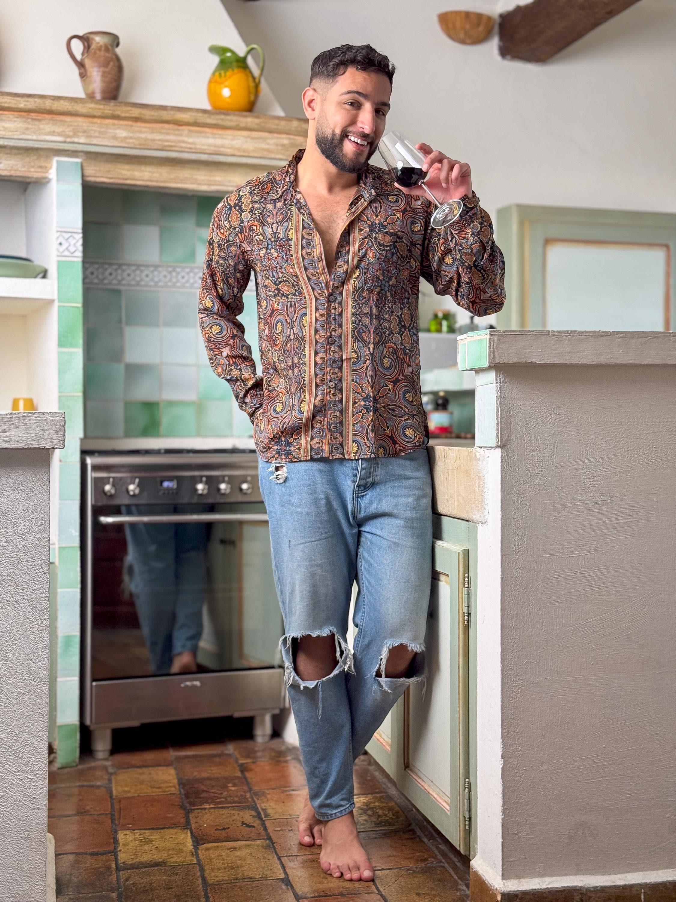Retro Large French Collar Silk Shirt - Long Sleeve Shirt - Boho Chic Shirt, Vintage Shirt, Men’s Chic Shirt