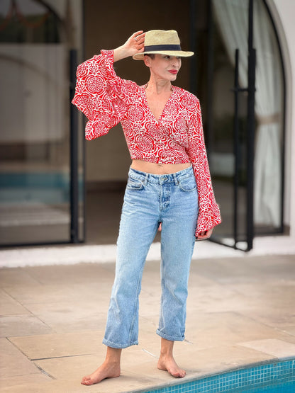 Bohemian Wrap Tie Top in Silk – Bell Sleeves