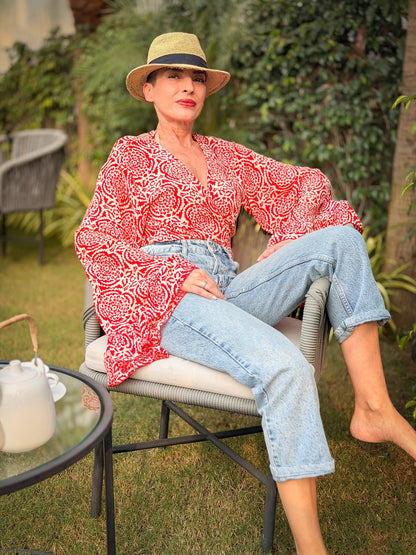 Bohemian Wrap Tie Top in Silk – Bell Sleeves