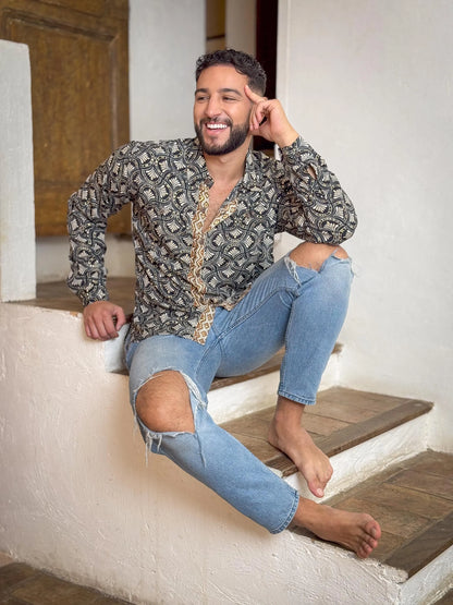 Retro Large French Collar Silk Shirt - Long Sleeve Shirt - Boho Chic Shirt, Vintage Shirt, Men’s Chic Shirt